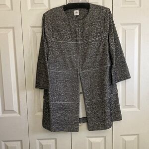 CAbi black and gray long jacket with 4 large hook and eye closures. Size Large